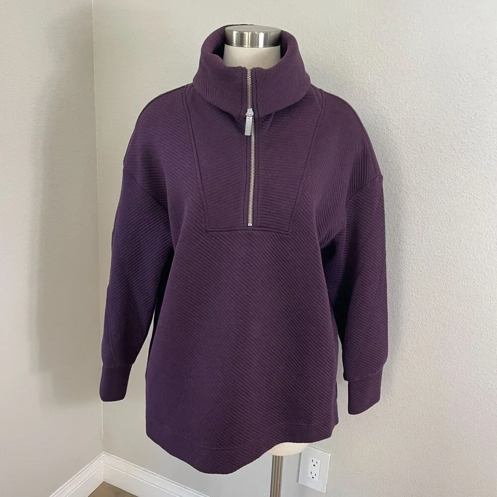 Sweaty Betty Womens 8 Purple Half Zip Ribbed Pullover Sweatshirt Sweater Pockets